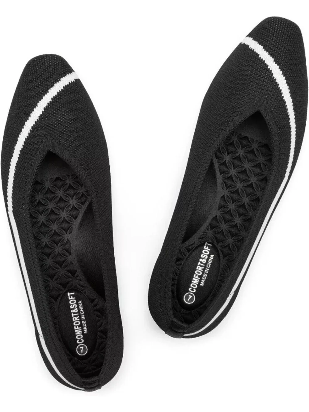 Frank Mully Women's Black Rubber Knitted Square Toe Comfortable Slip On Flats